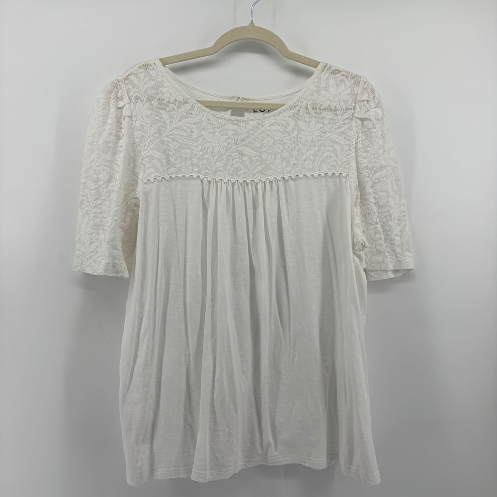 LOFT White Lace Yoke Short Sleeve Top Floral Boho Keyhole Back Slub Knit Size XL